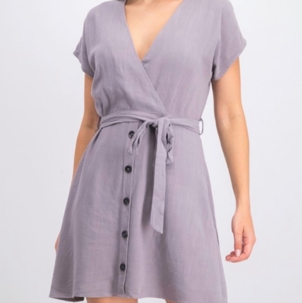 Sadie & Sage Slate Button-Down Mini Dress W/Belt Linen Blend Spring Summer Large - Picture 2 of 11